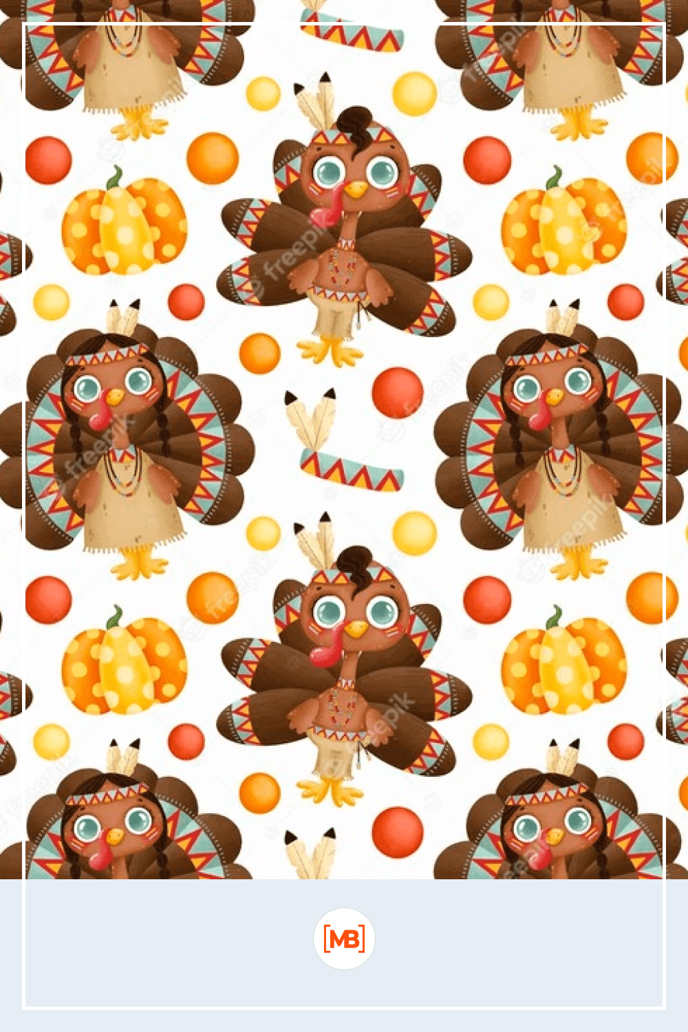 Cute cartoon native American turkey and pumpkin seamless pattern.