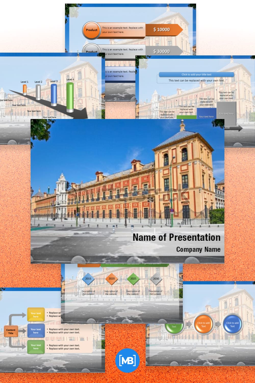 Baroque facade of the Palace of San Telmo in Seville PowerPoint Template.