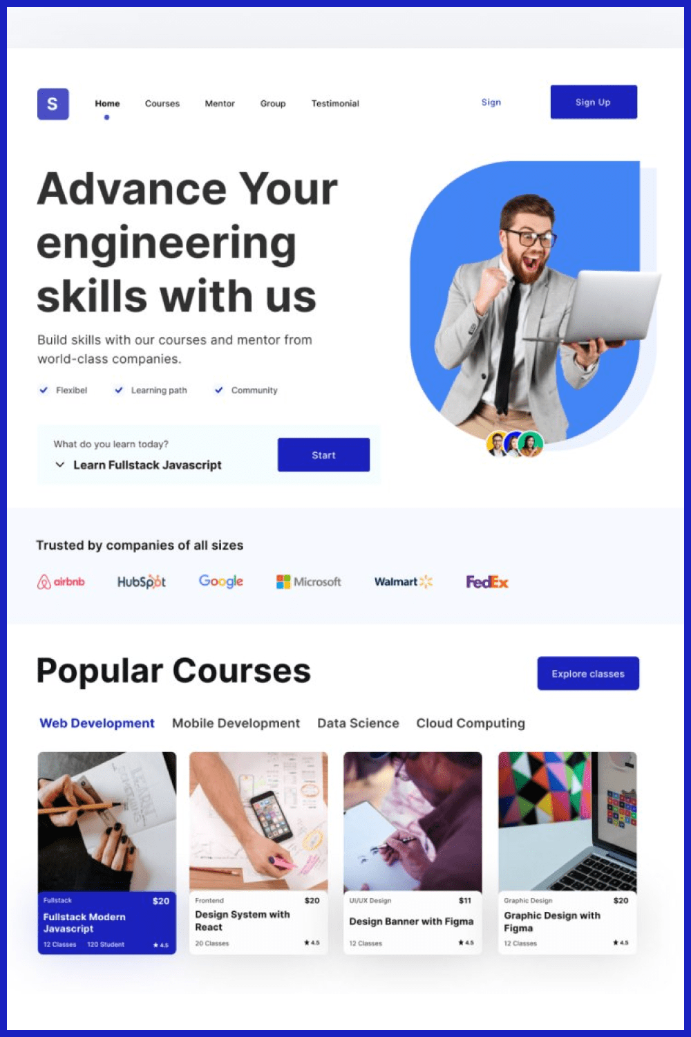 Landing Page with Happy Man in Glasses and Laptop.