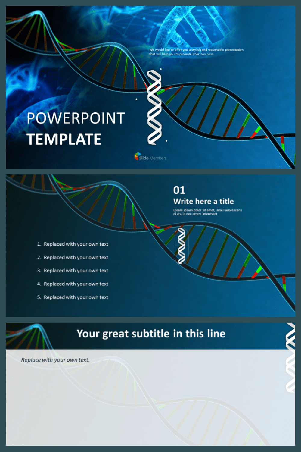 DNA powerpoint template in deep color.