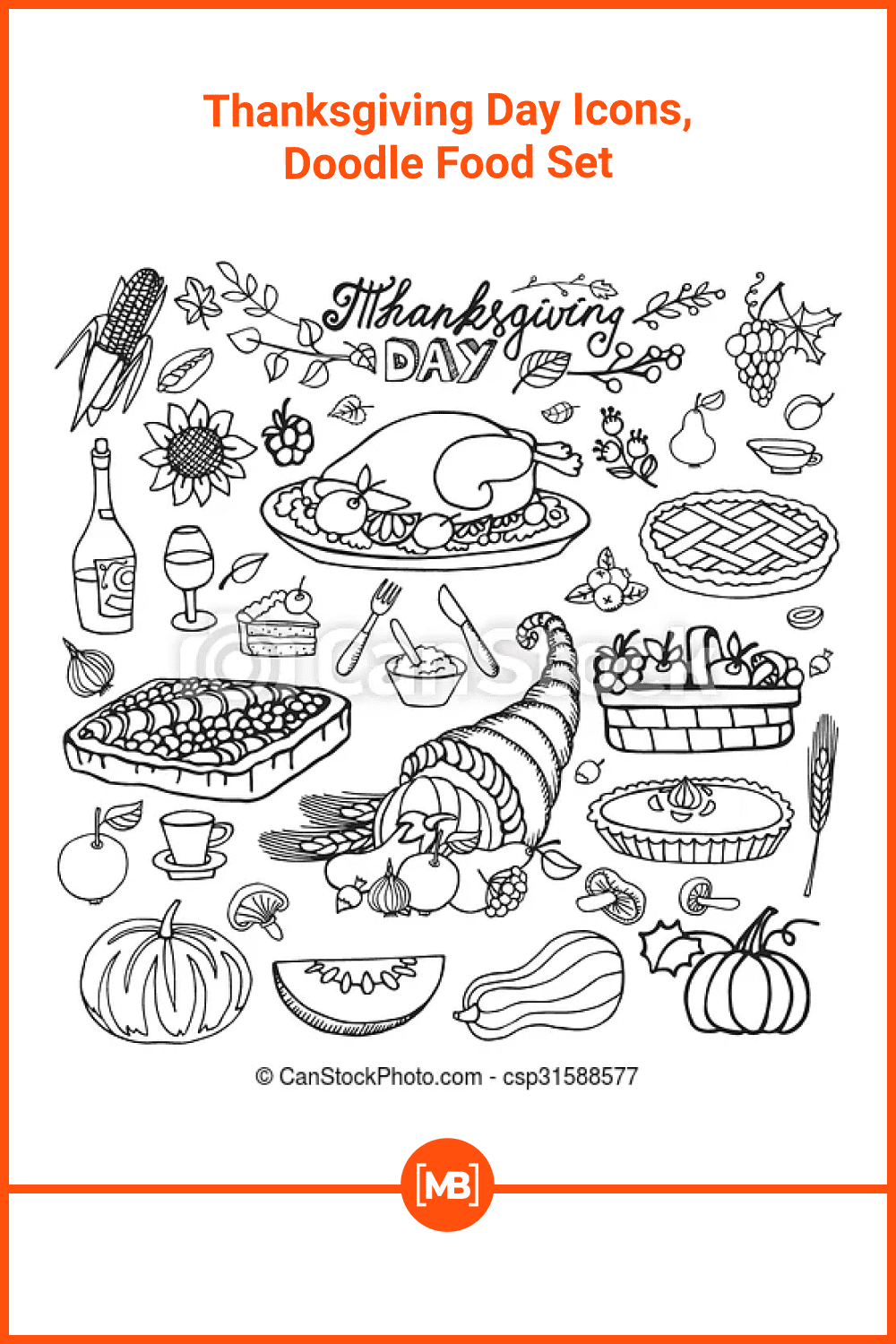 Thanksgiving day icons, doodle food set.