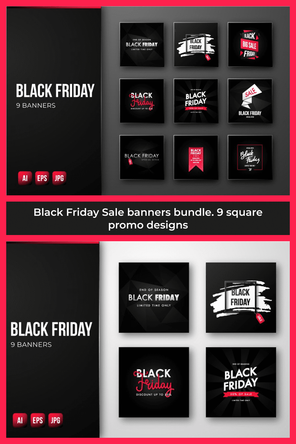 Square Vector Black Friday Banners with Black and Red Colors.