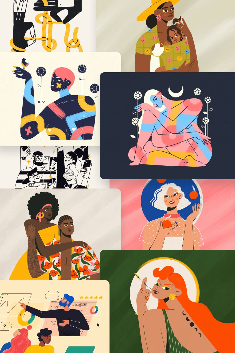 These are very stylish illustrations of people in bright colors.