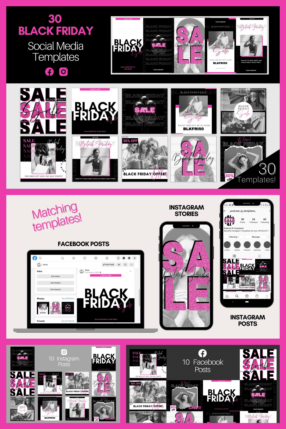 Social Media Pink and Black Templates with Glitter for Black Friday.