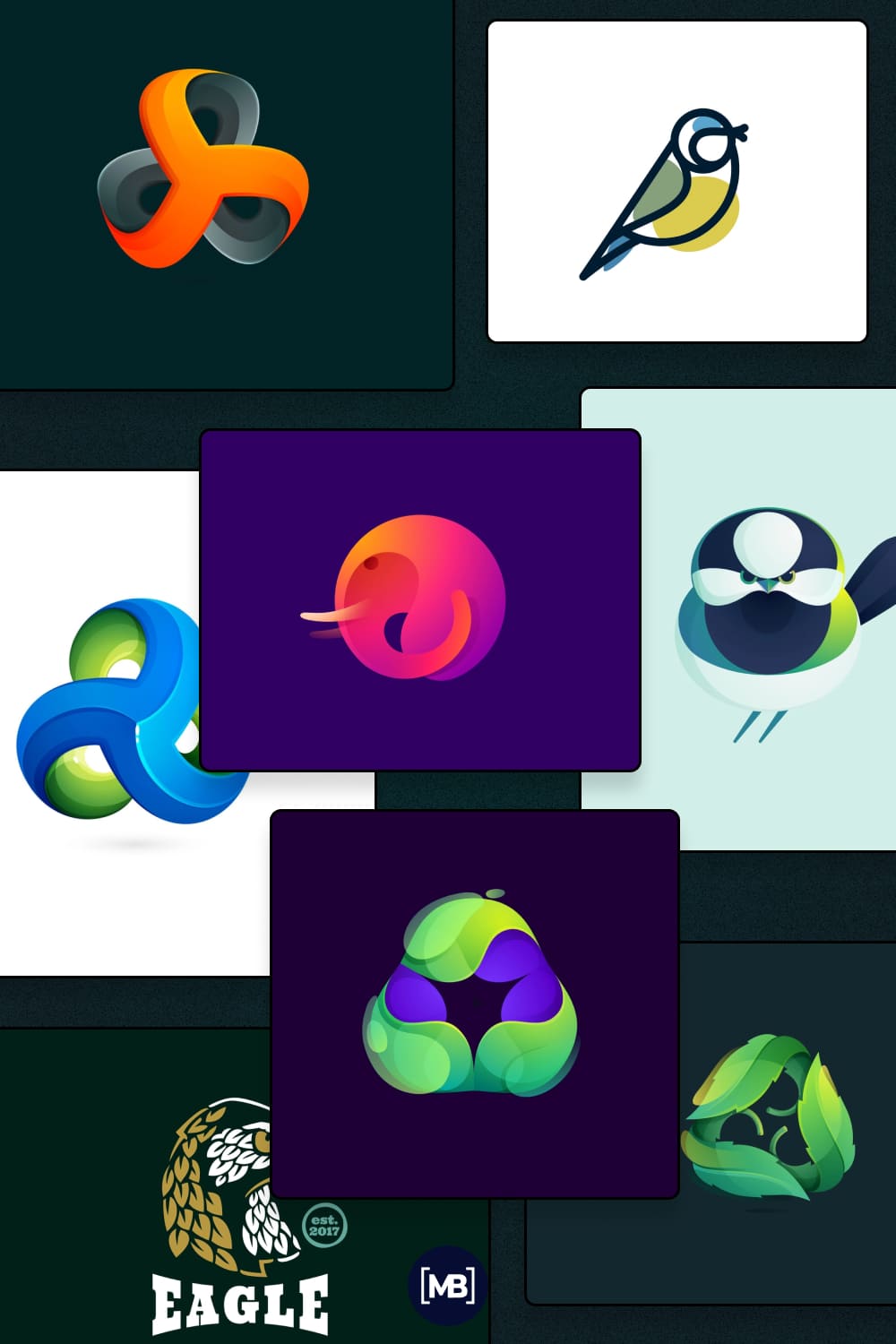 Slightly futuristic options for logos in the form of a sphere and birds.
