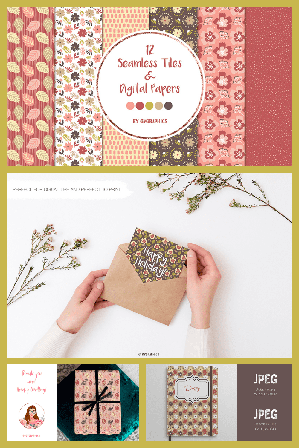 Flowers, leaves and spots seamless tiles and digital papers.