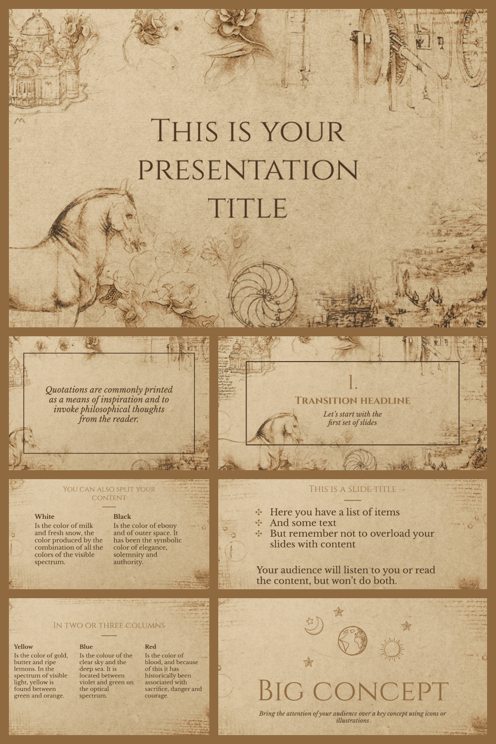 This free presentation template uses a textured paper background, Leonardo Da Vinci’s drawings and classic typography to convey a historical feeling.