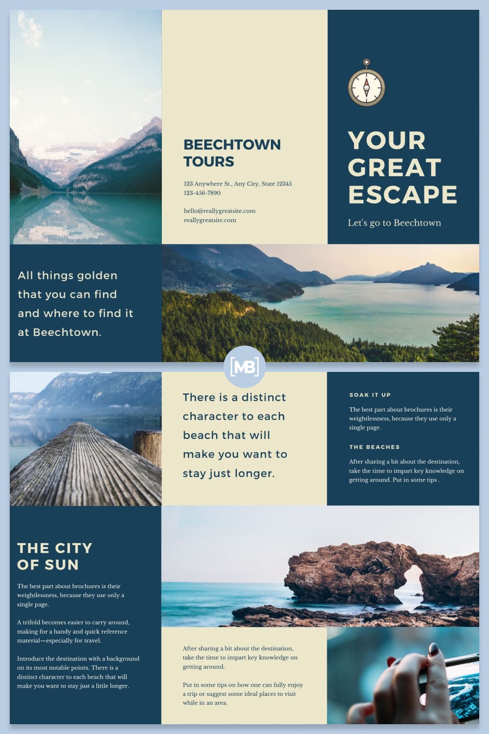 Navy blue and beige nature travel tri-fold pamphlet template.