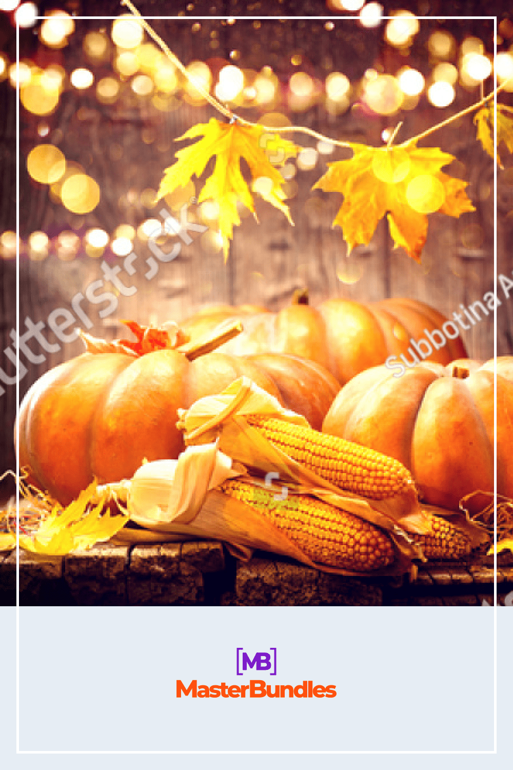 Happy Thanksgiving Day background, wooden table decorated with Pumpkins, Corncob, Candles and garland.