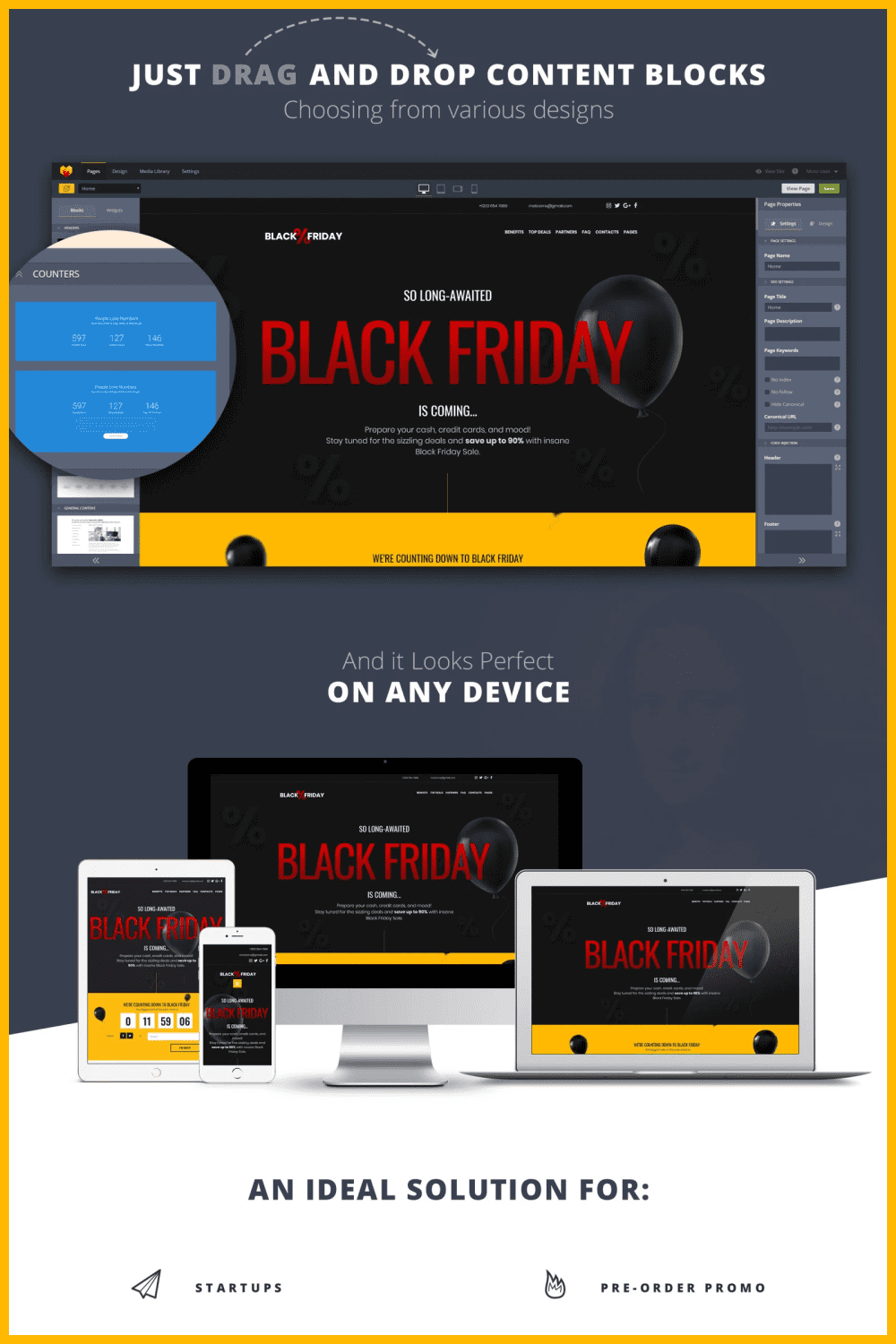 Black Friday Landing Page with Black and Yellow Background, Red Letters, Black Balloons.