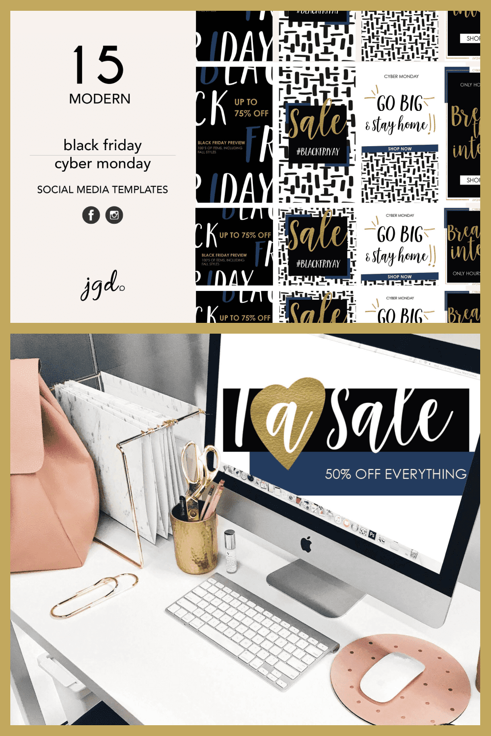 Customizable Black and White Templates with Golden Letters for Cyber Monday.