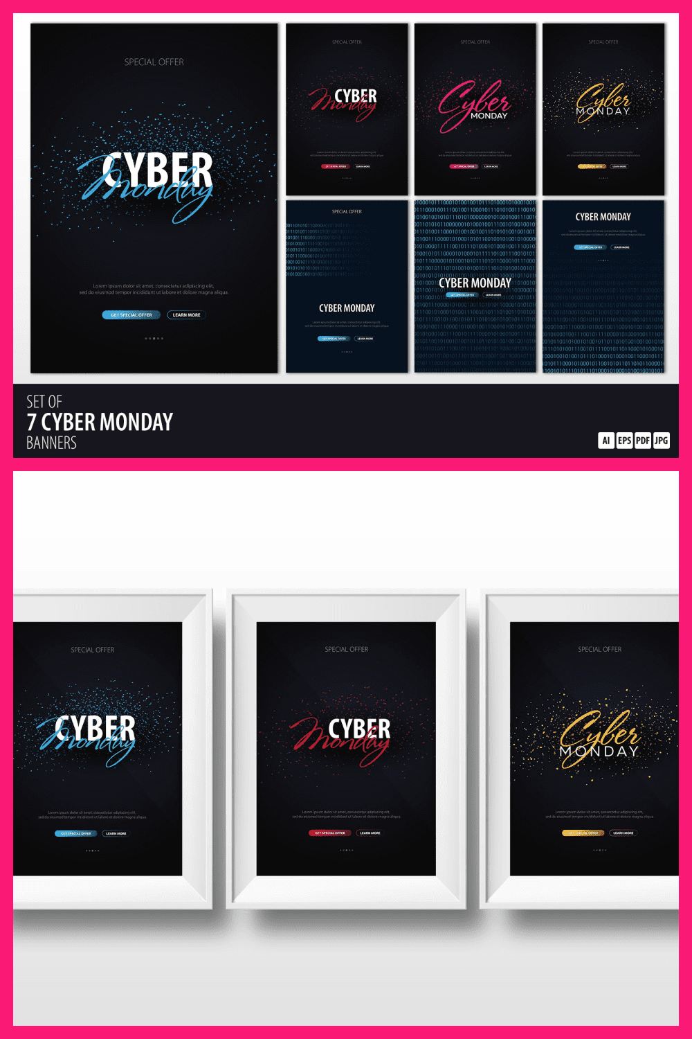Cyber Monday Banners with Dark Blue Background, Bold White Letter, Colorful Think Handwriting.