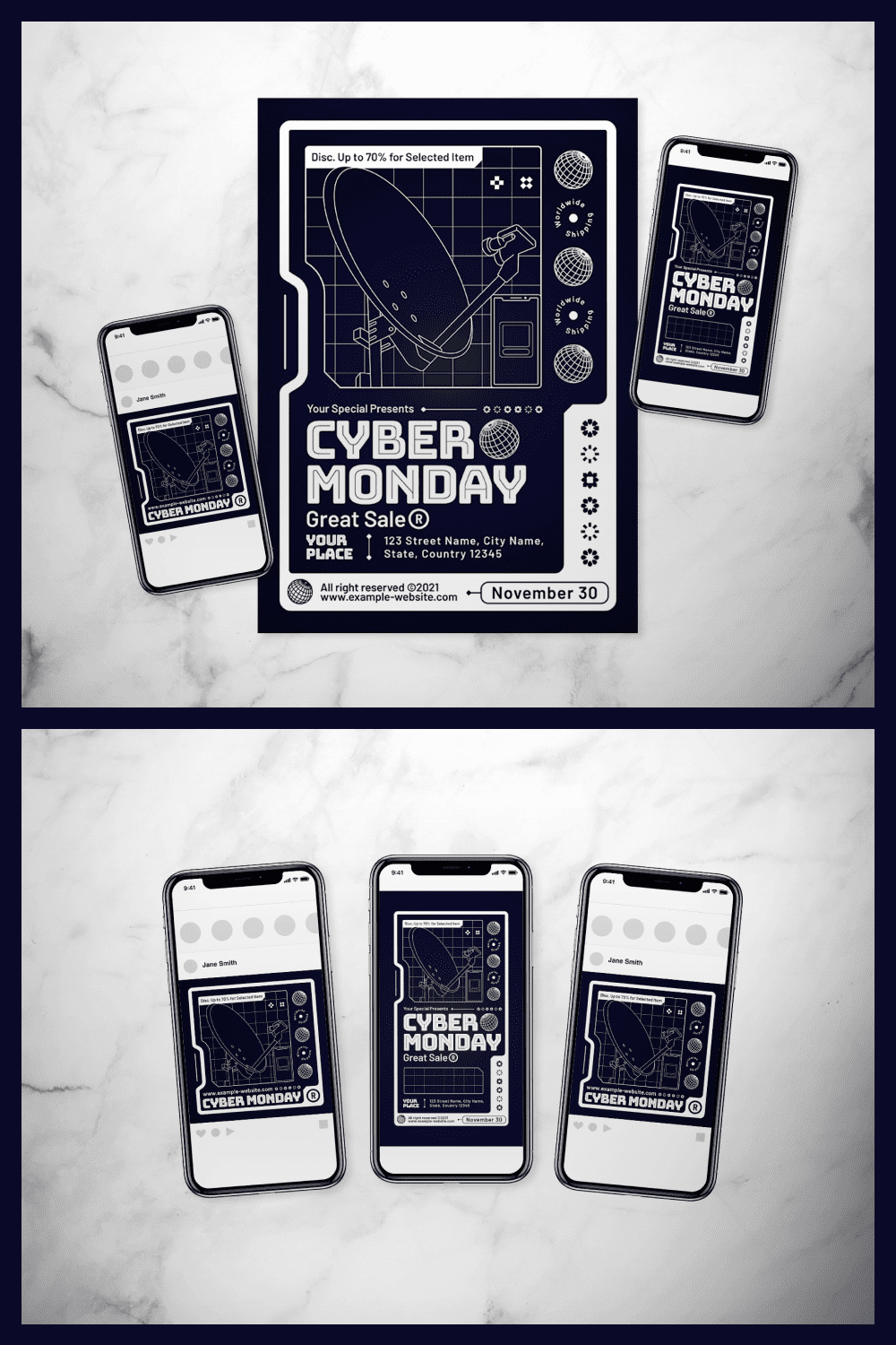 Cyber Monday Flyers and Instagram Post Templates on Dark Blue Background with White Letters.