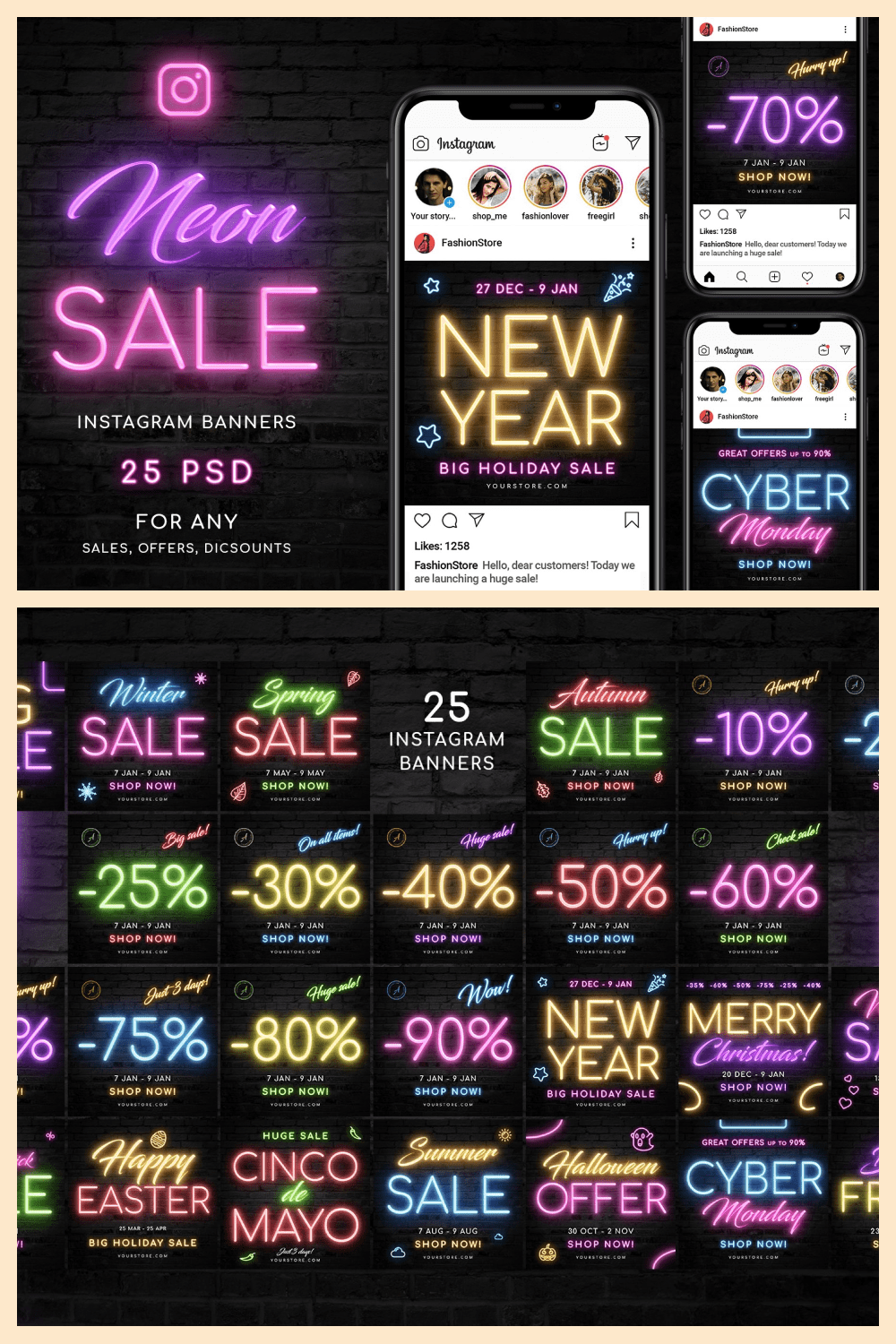 Cyber Monday PSD Templates with Neon Lettering.