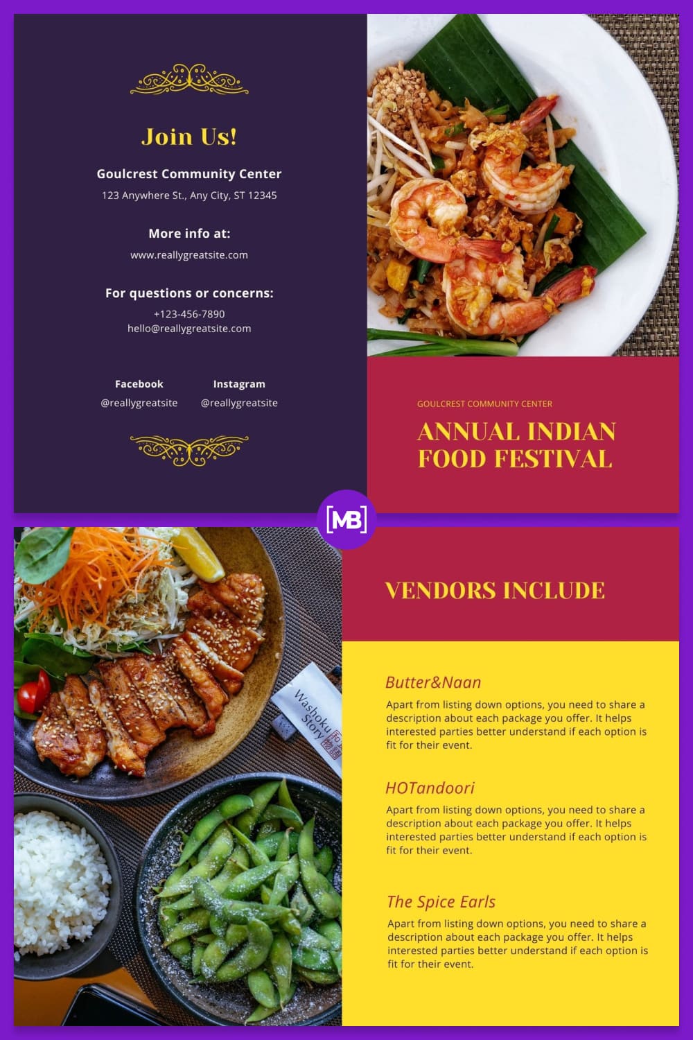 Yellow red and indigo decorative indian food pamphlet template.