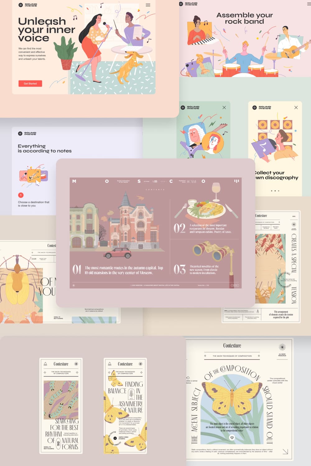 Bright compositions of illustrations that will complement your landing page or website.