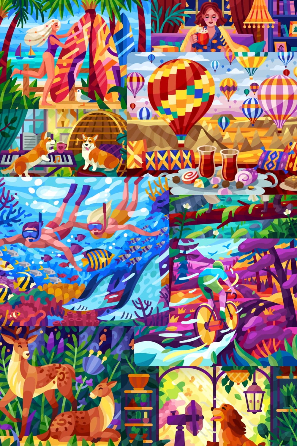 Illustration with very bright colors in a mosaic style.