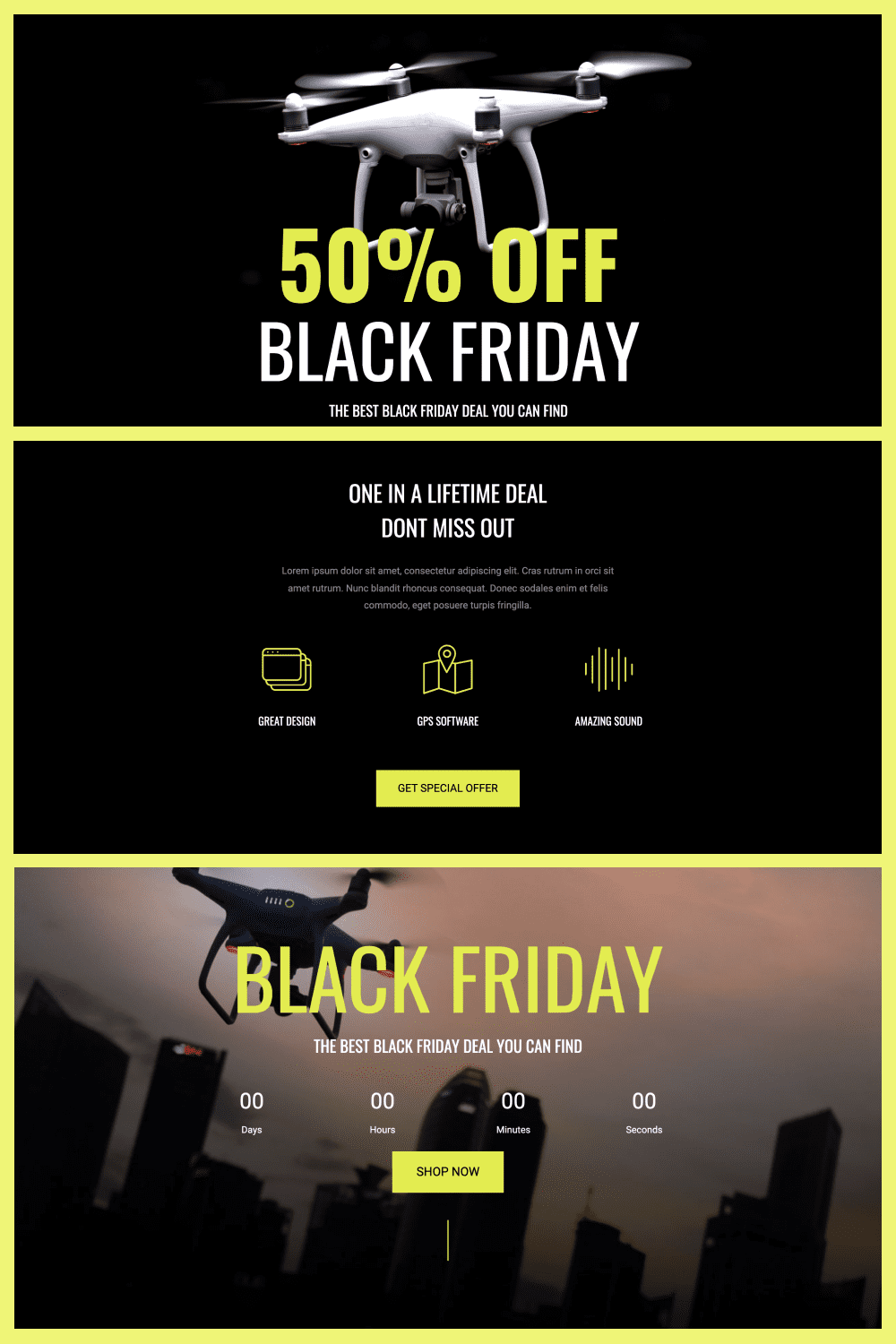 Landing Page with Yellow Letter and Drone for Black Friday.