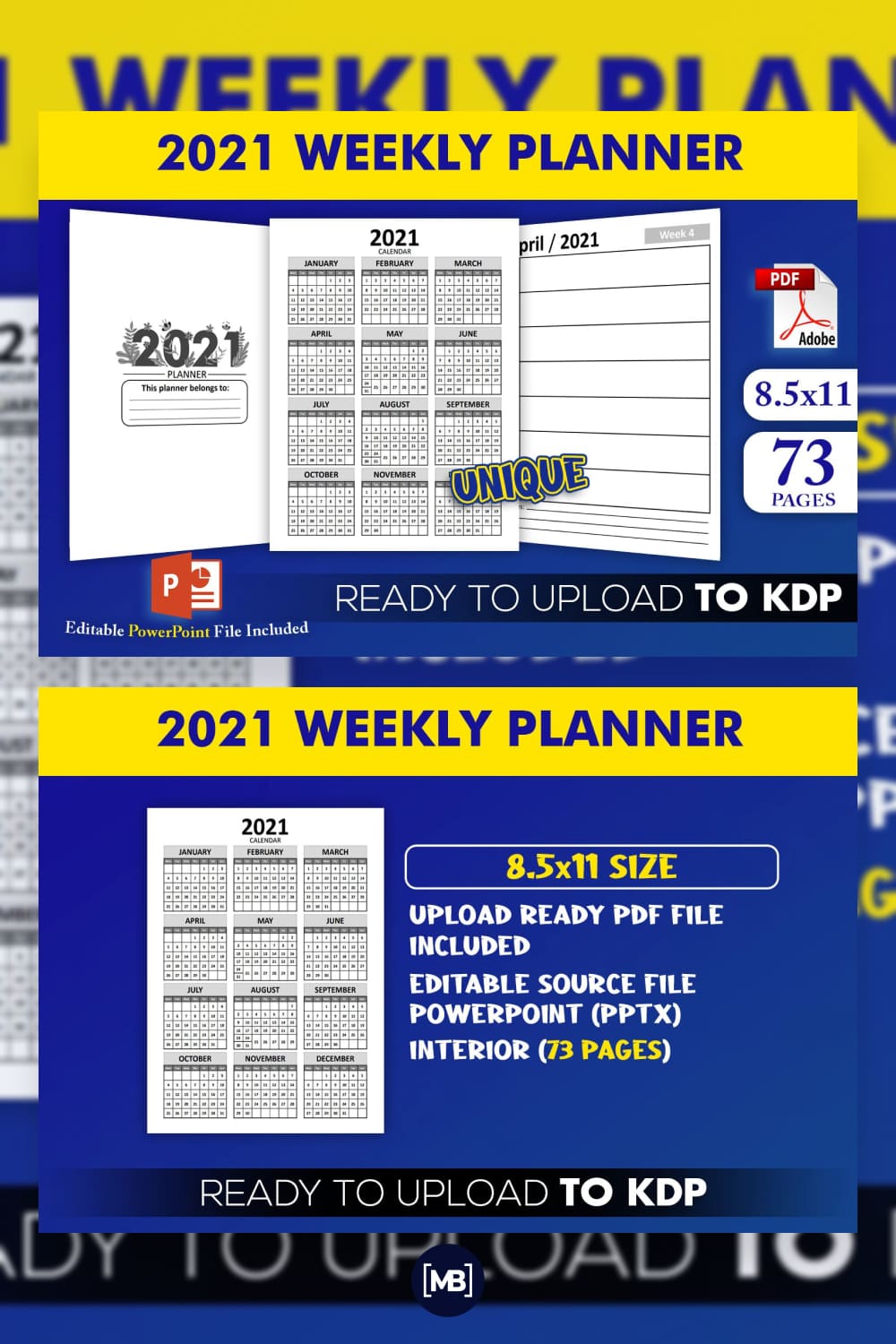 One year 2021 weekly planner editable template.