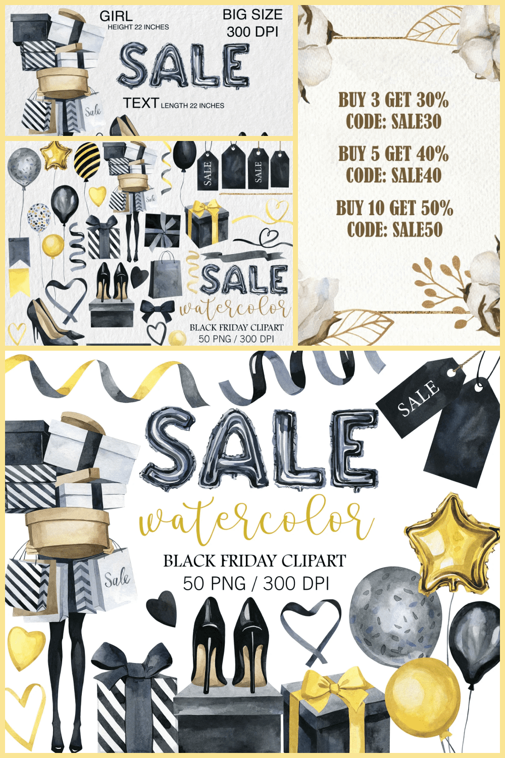 Watercolor Black Friday Clipart With Balloons and Women's Clothes.