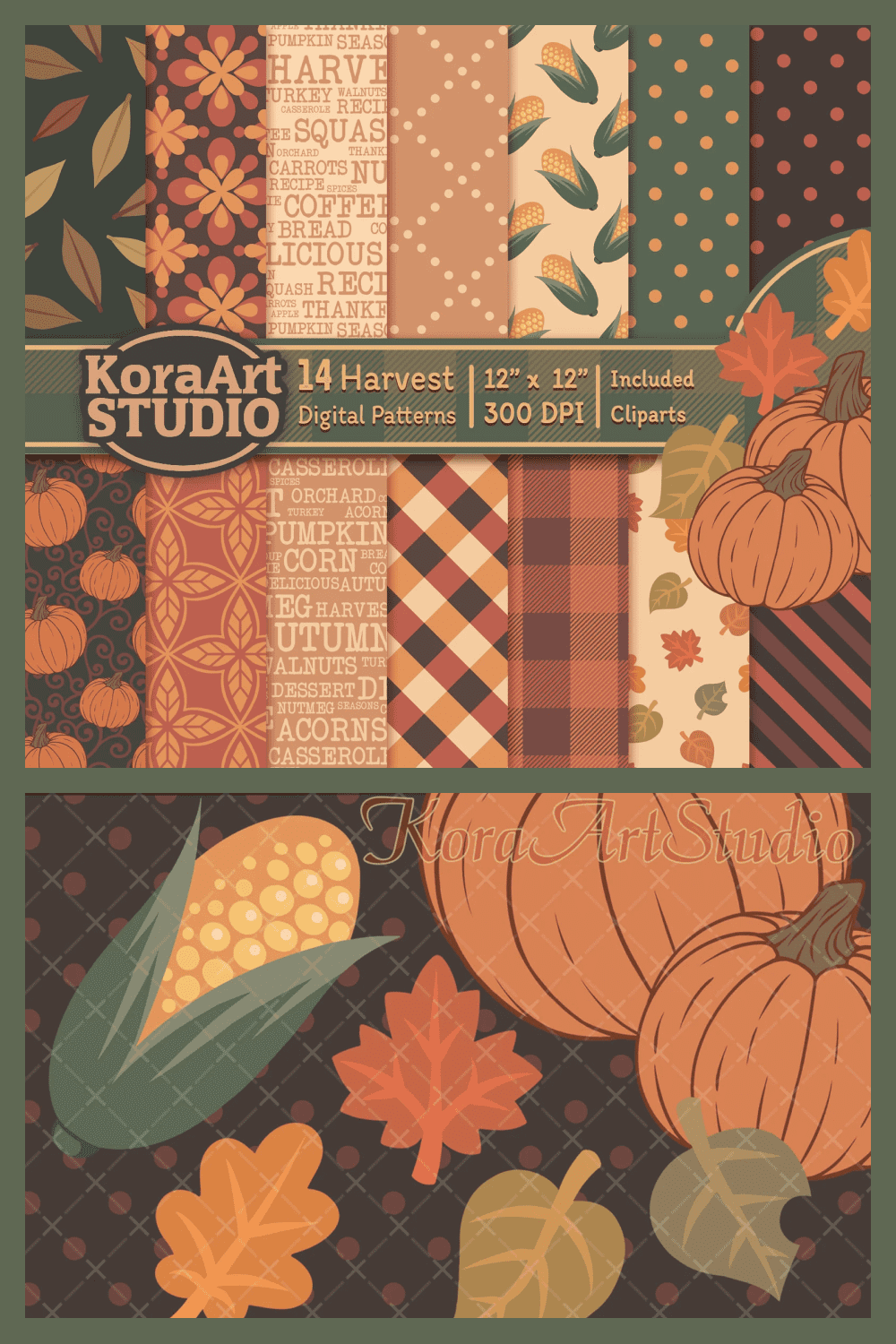 Autumn Thanksgiving patterns papers digital seamless clipart - harvest fall pumpkin rustic - beige brown orange green.