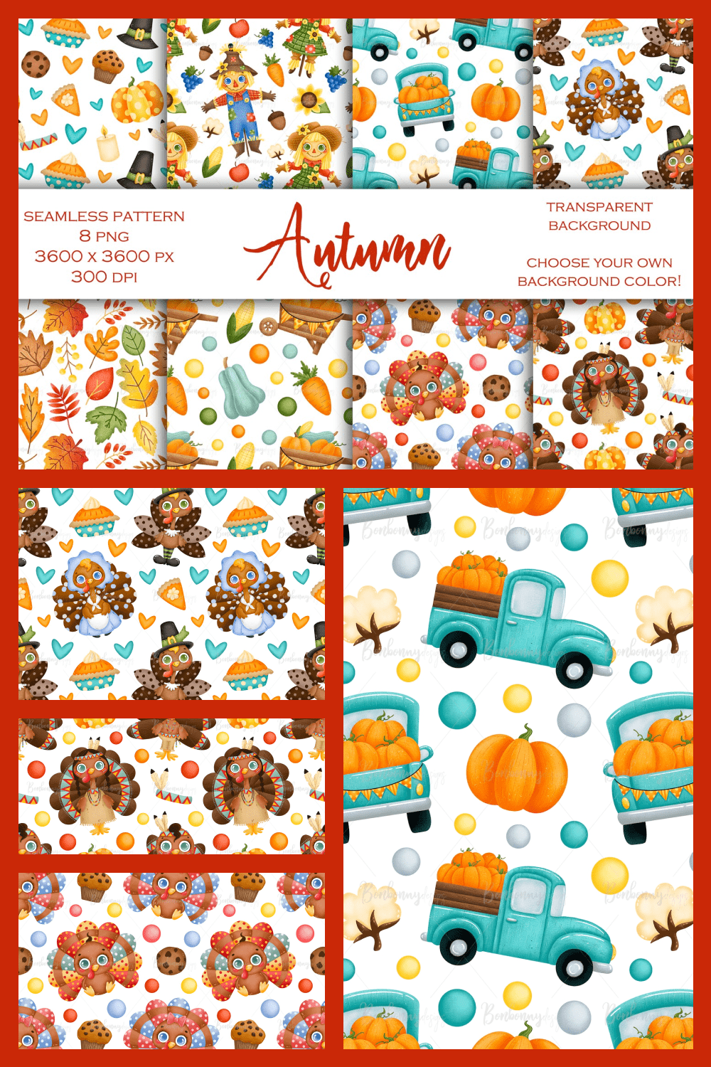 Cute Thanksgiving digital paper, autumn harvest seamless pattern, turkey pattern, kids patterns.