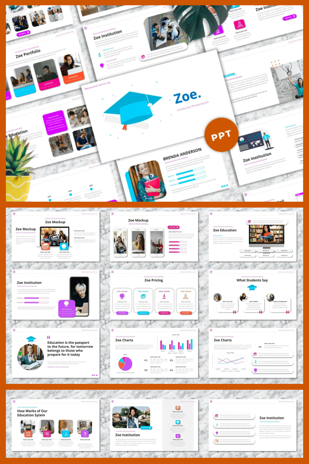 The template is light with bright elements and a lot of infographics.