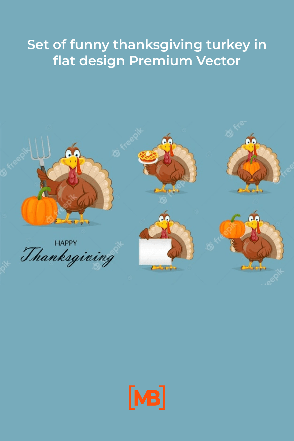 Set of funny thanksgiving turkey in flat design Premium Vector.