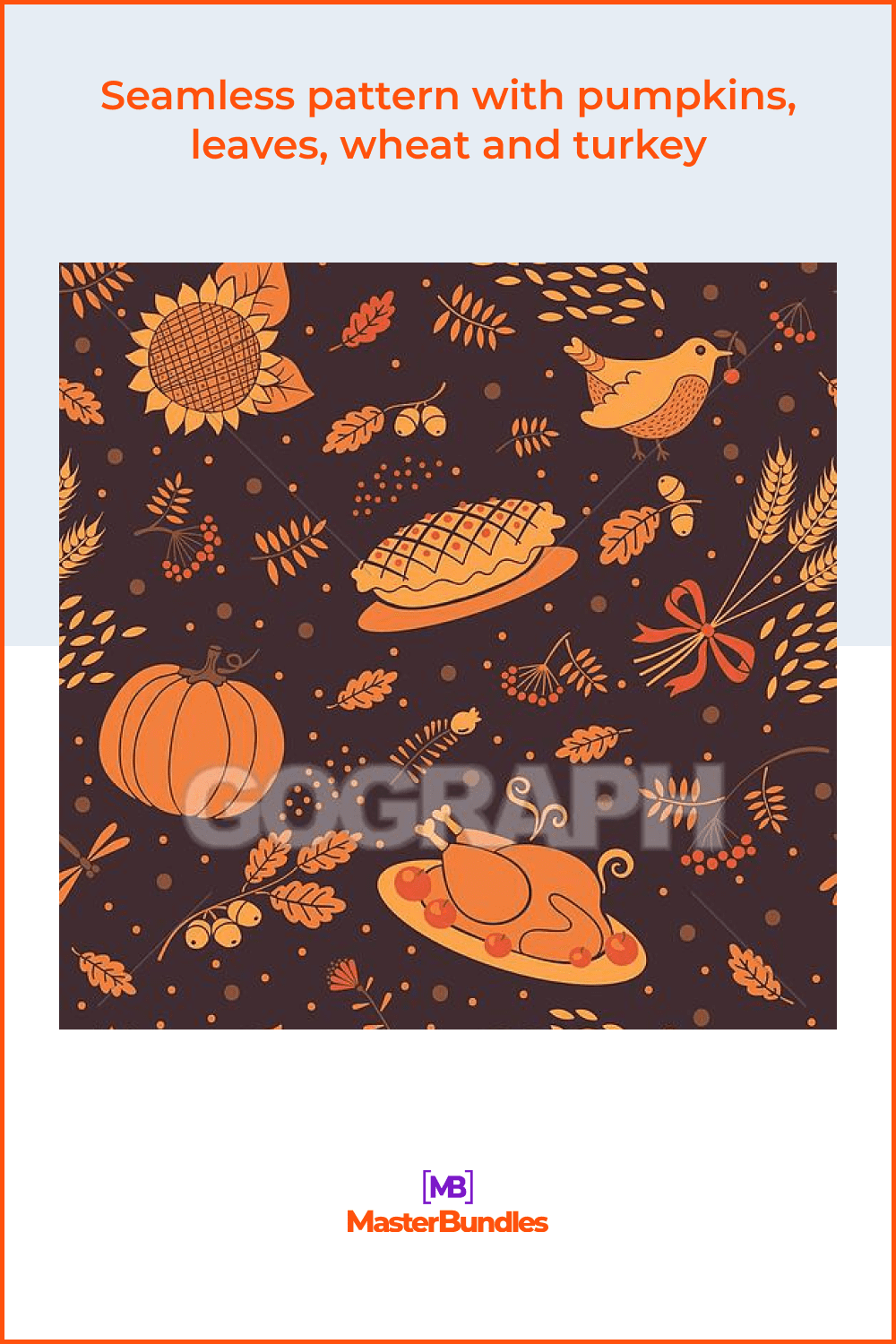 Seamless pattern with pumpkins, leaves, wheat and turkey.
