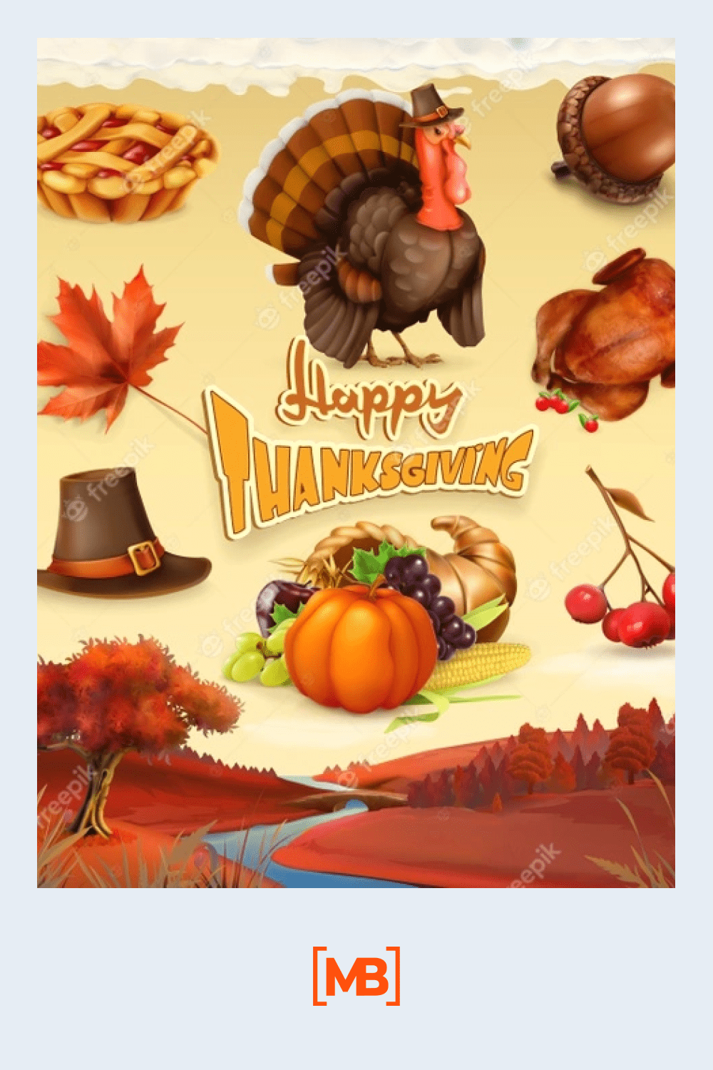 Happy Thanksgiving cartoon character and objects.