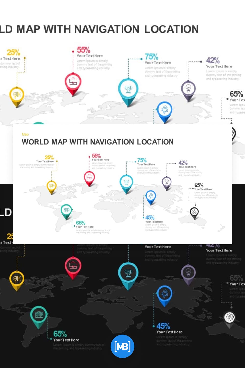World map with navigation location powerpoint template.
