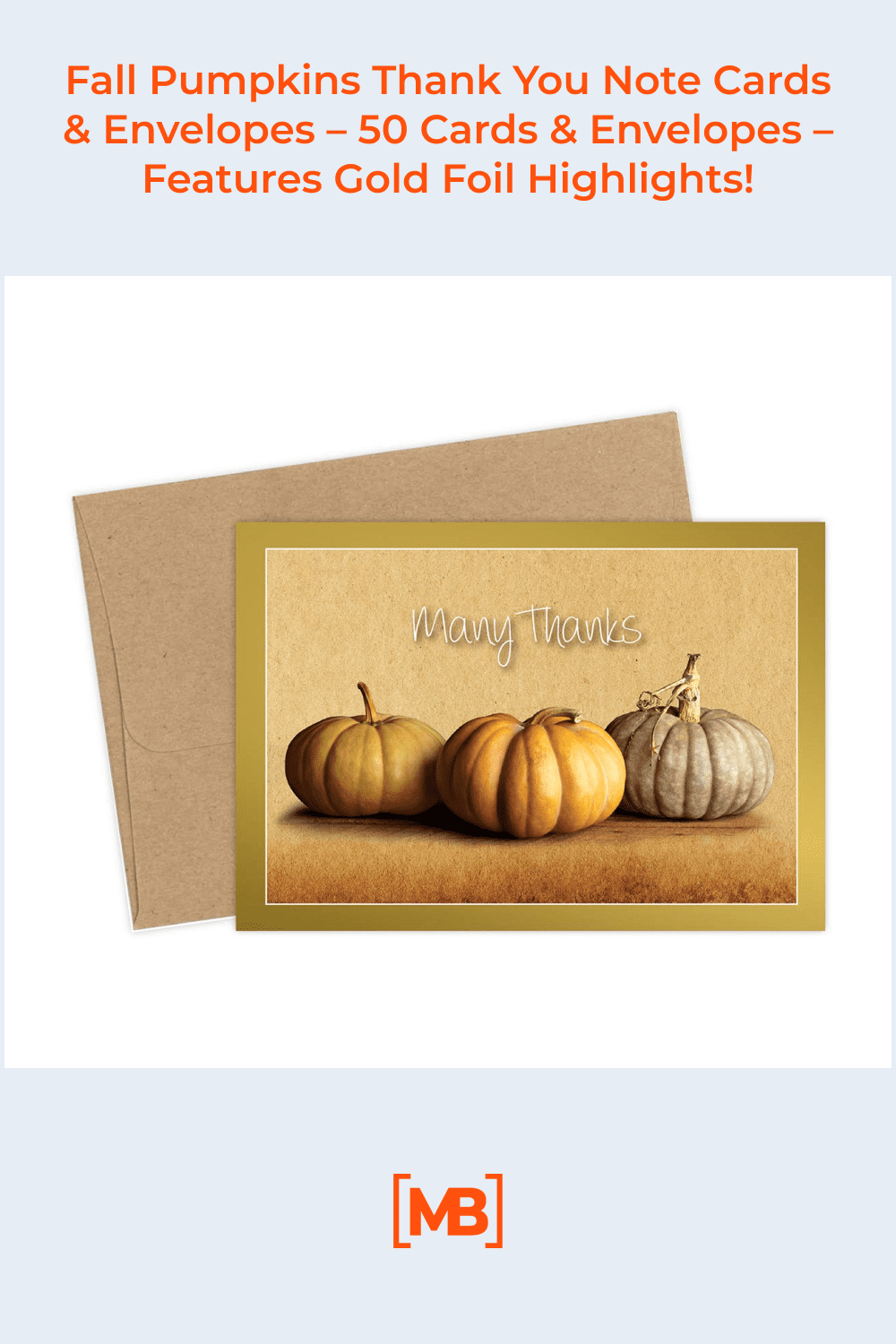 Fall pumpkins thank you note cards and envelopes - features gold foil highlights.