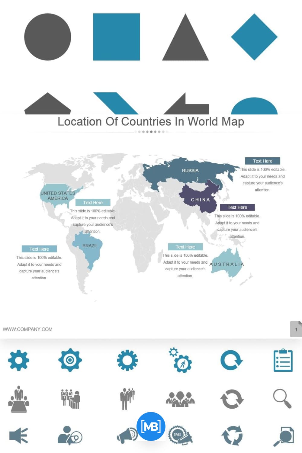 Location of countries in world map powerpoint template.