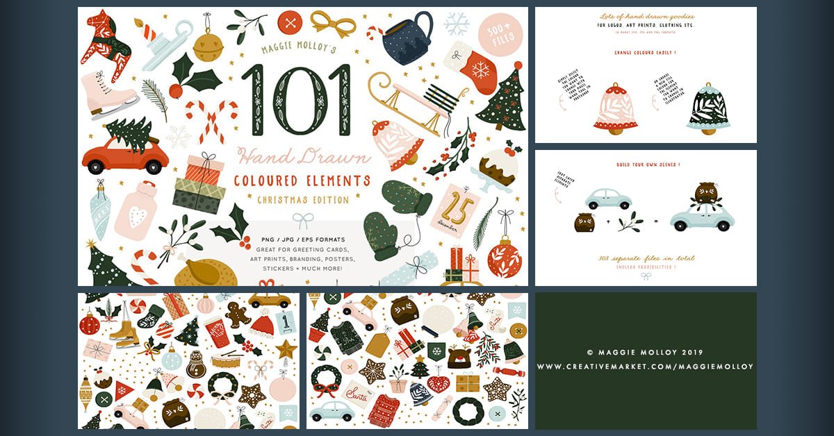 Maggie Molloy's, 101 Hand Drawn Coloured Elements, Christmas Edition, 4 Examples, Link To The Site.