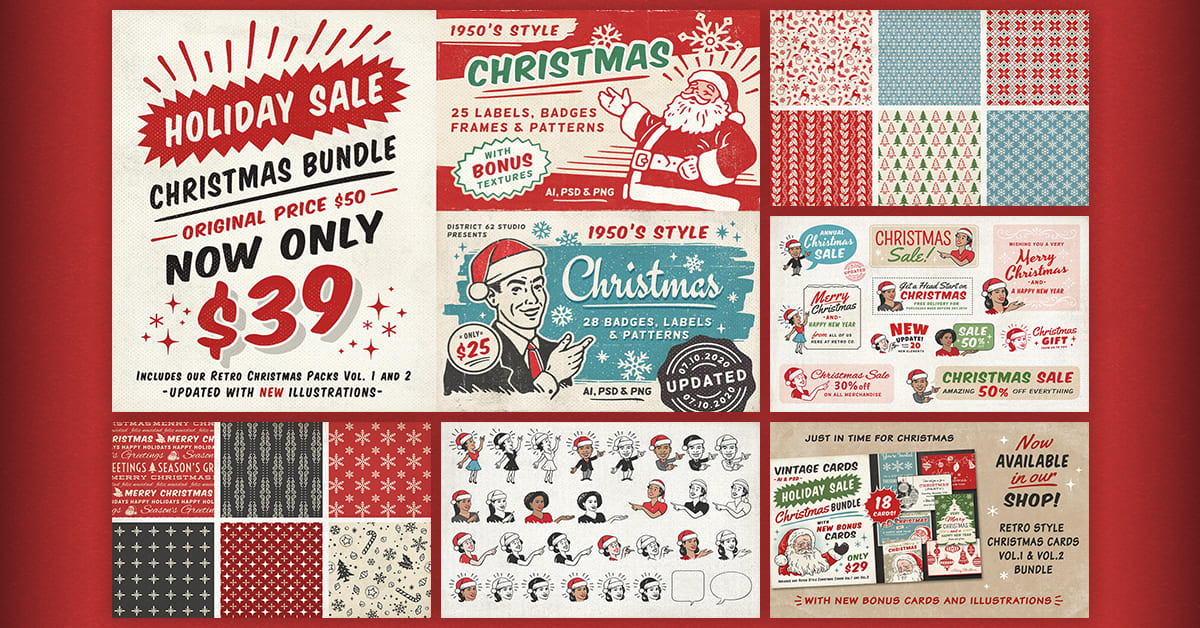 Red vintage Christmas ads.