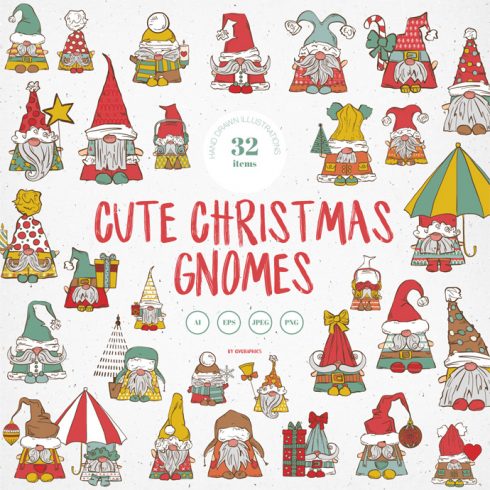 Watercolor Christmas Gnomes Village Clipart