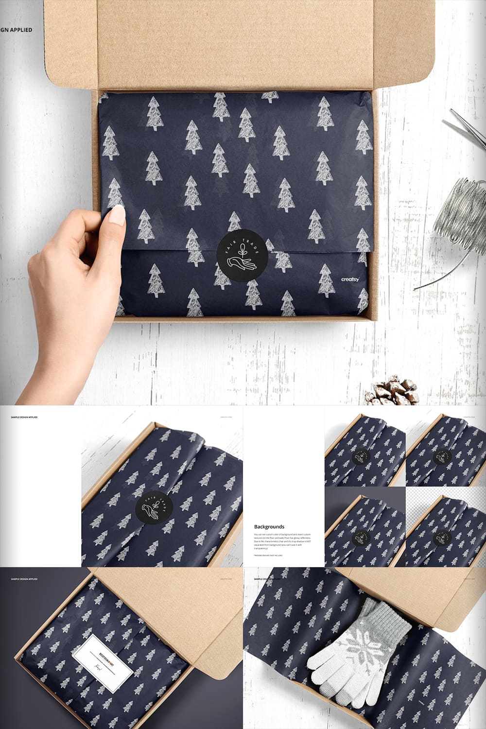 Black wrapper paper with white Christmas trees.