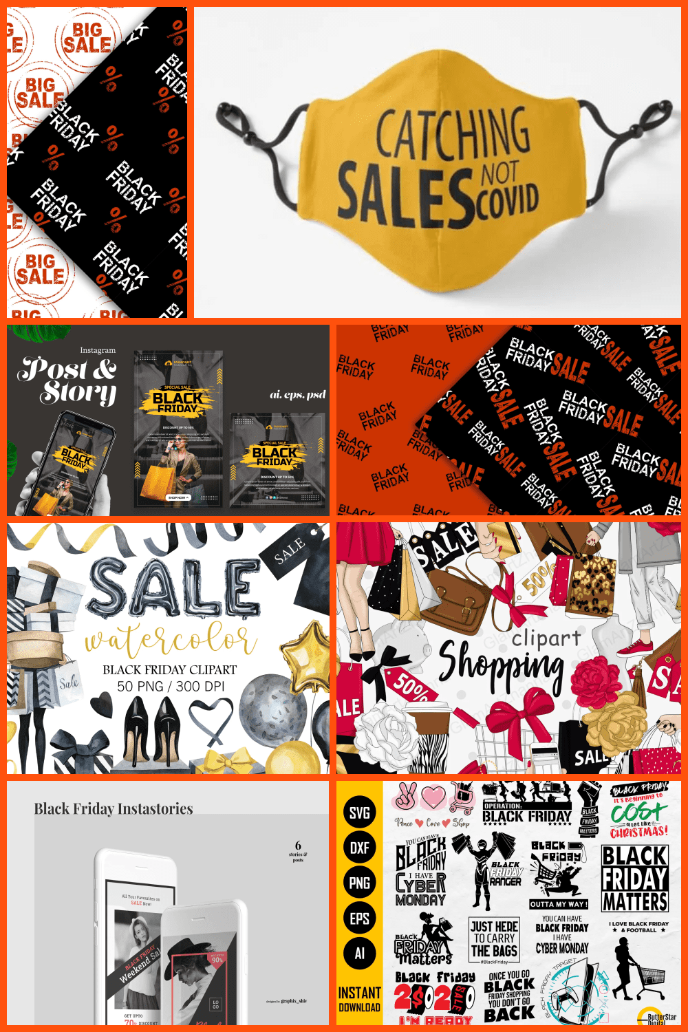 Collage with Black Friday Clipart Designs in Different Colors.