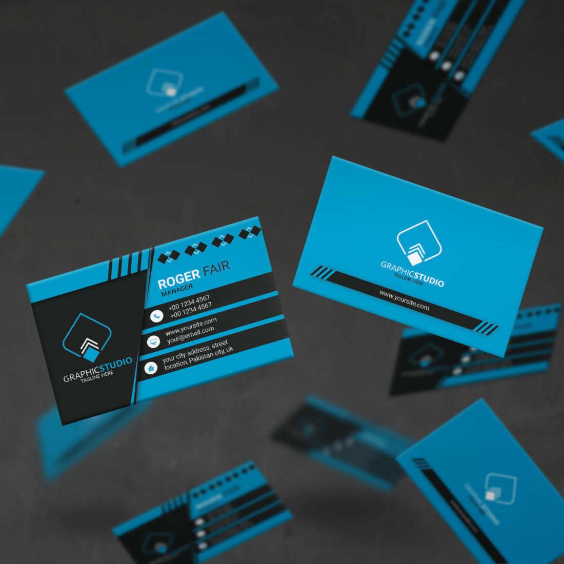 mock up in blue Creative Business Card Template.