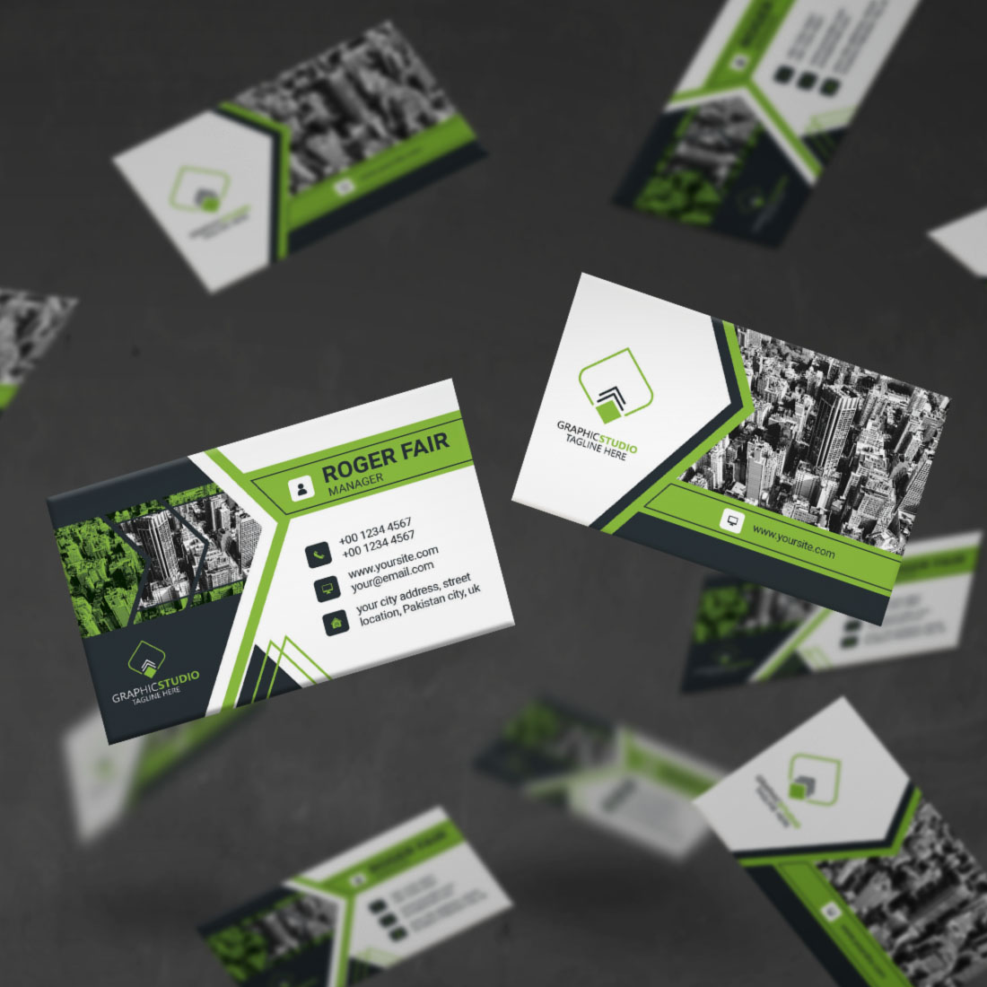 mock up in green Creative Business Card Template.
