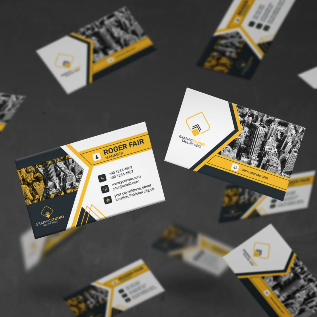 mock up in yellow Creative Business Card Template .