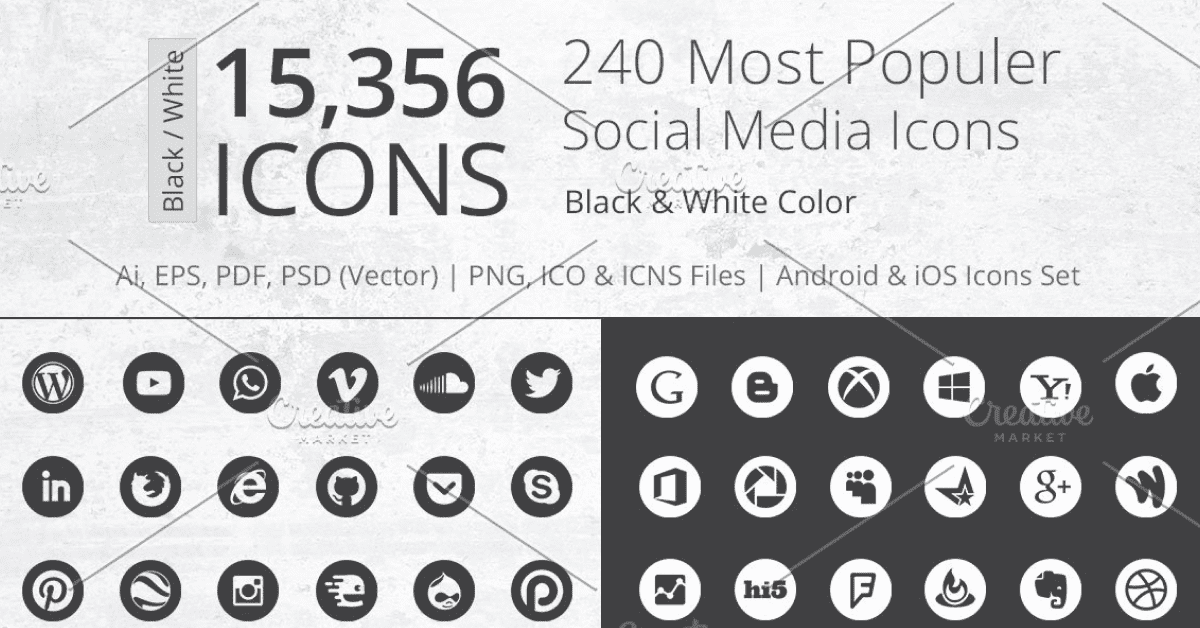 Black and white rounded icons.
