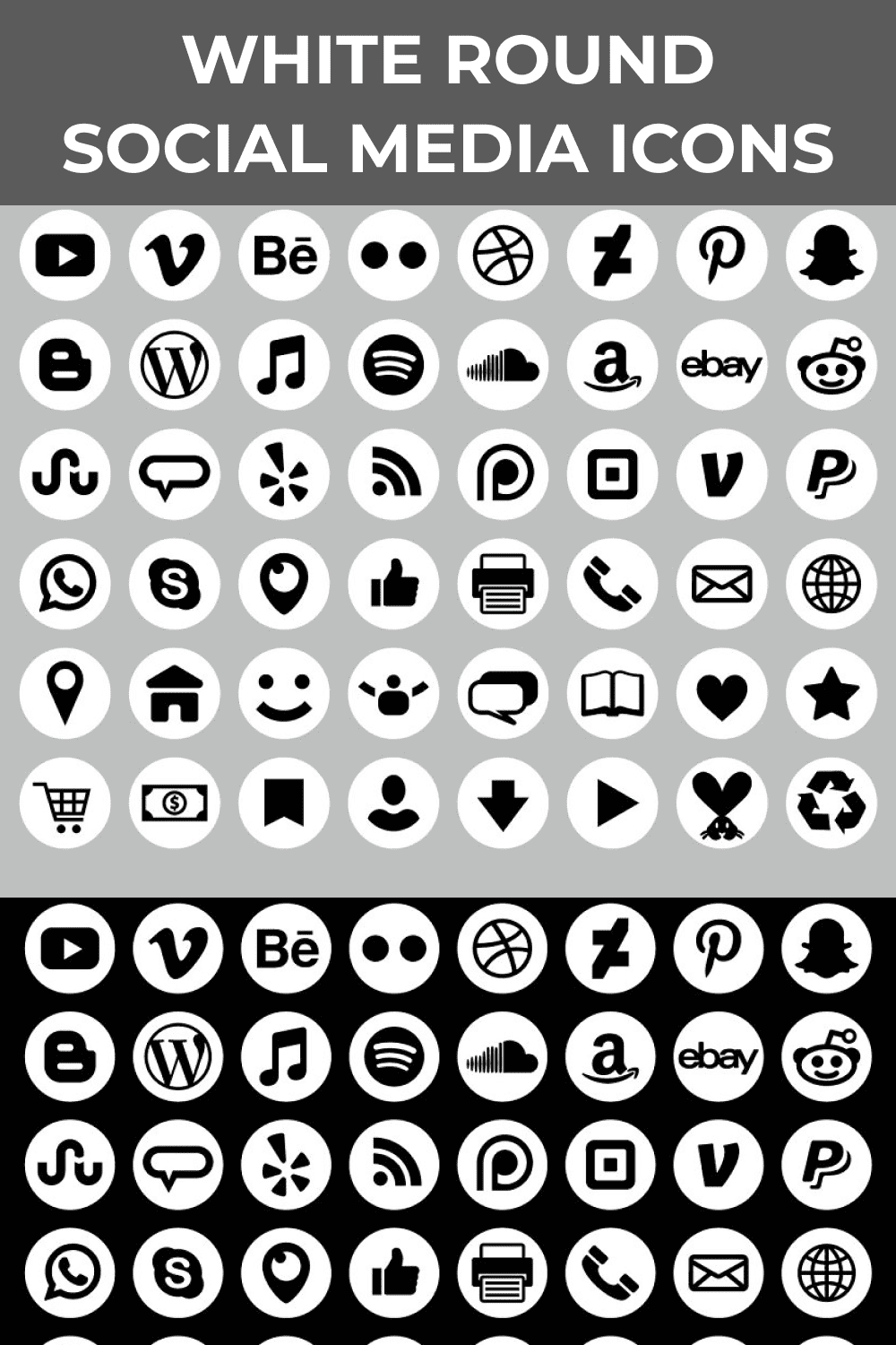 White round social media icons.