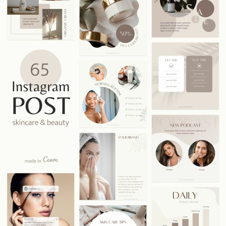 Canva Skincare Instagram Template, Neutral Social Media bundle, Beige ...