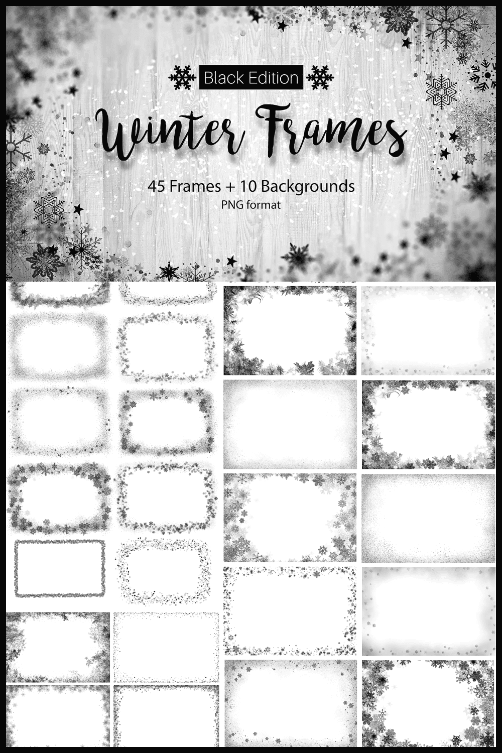 Black and Grey Frames and Backgrounds with Snowflakes.