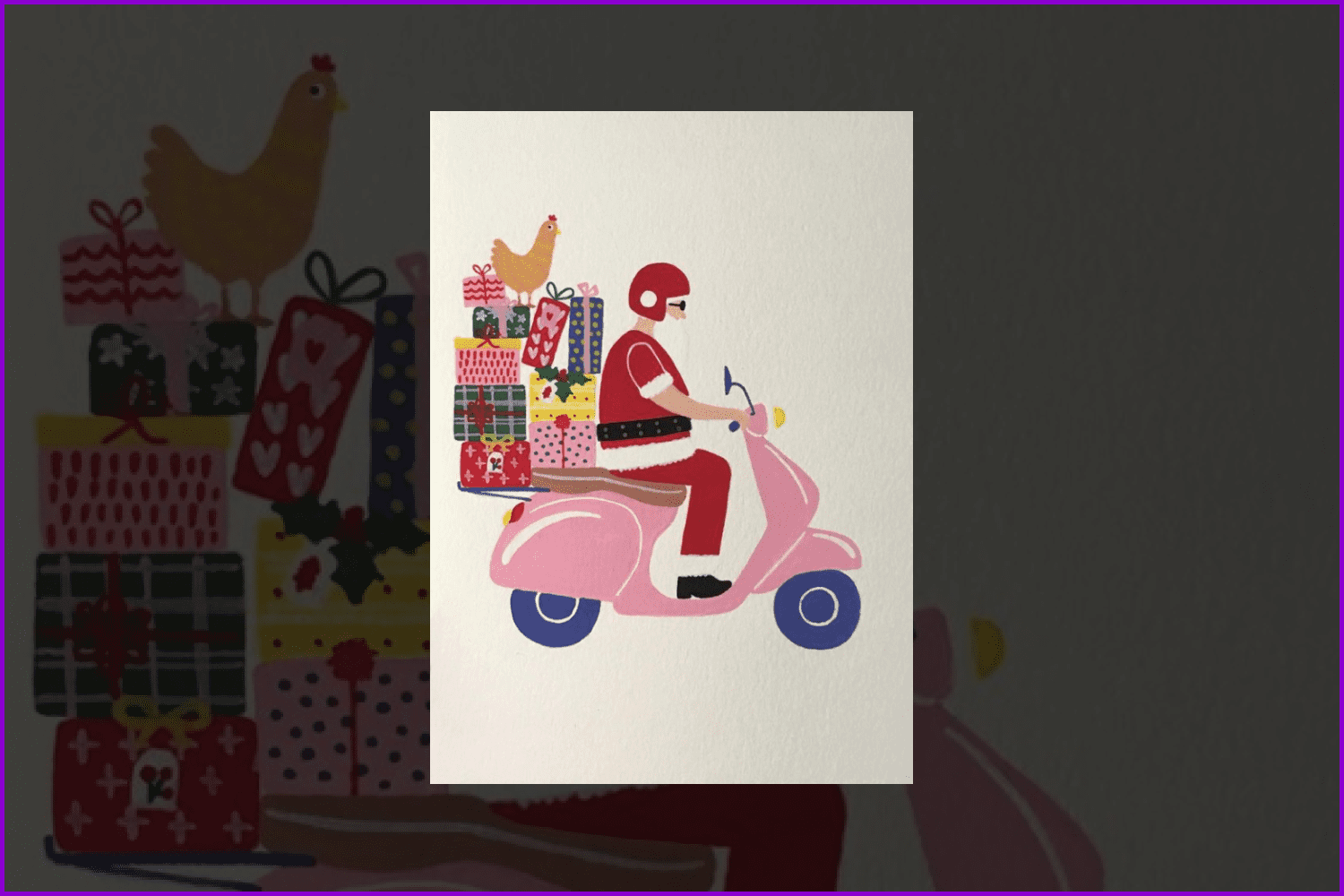 Santa on the motorcycle with presents.