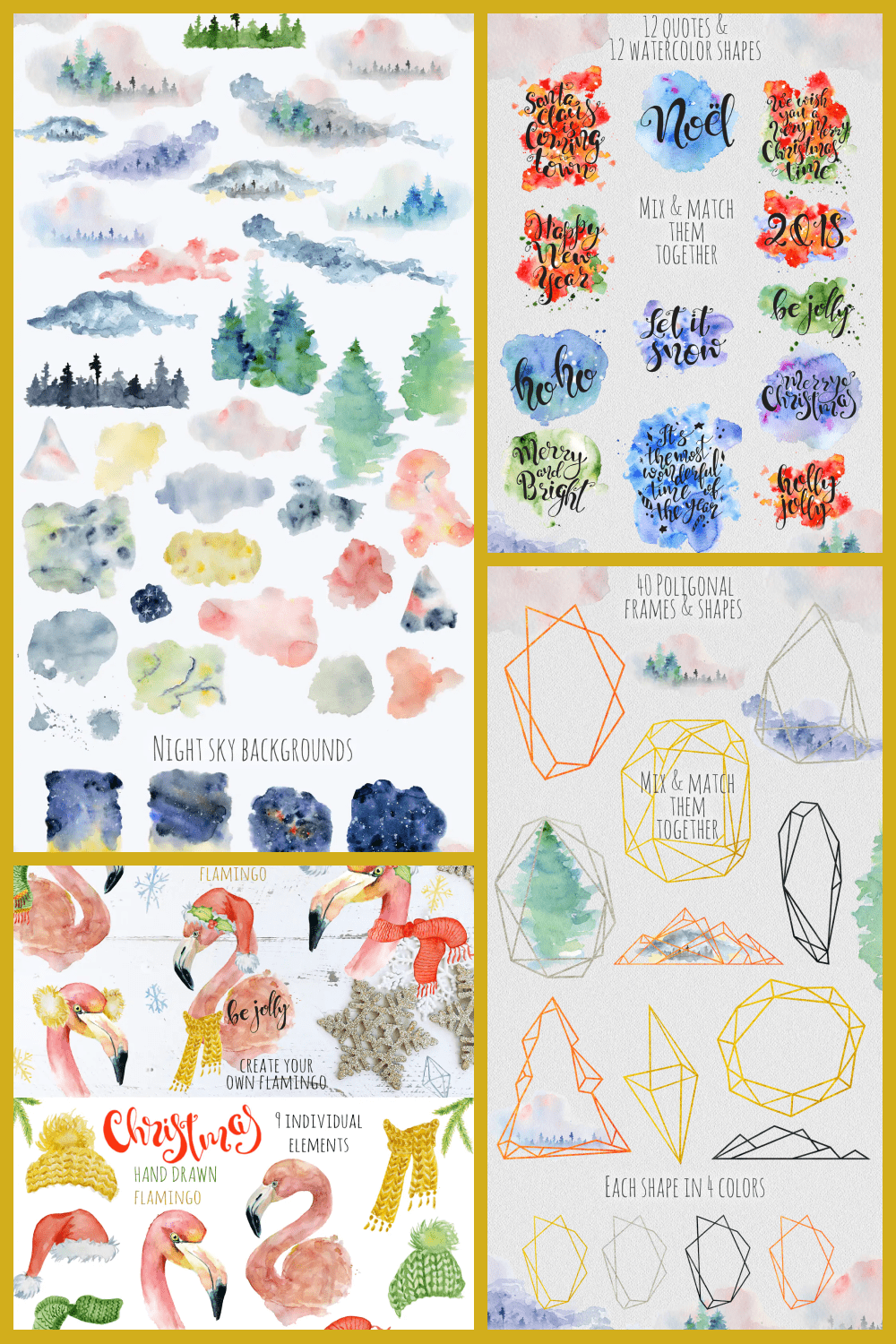 Watercolor clipart with animals, forest, abstract clipart.