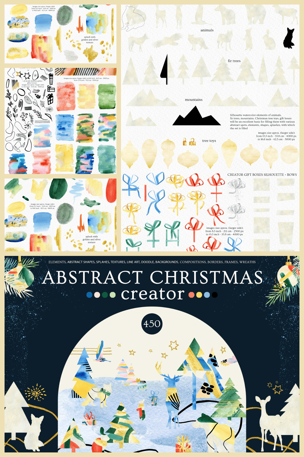 Collage of Christmas trees, decorations, animals, gift boxes bows and watercolor strokes.