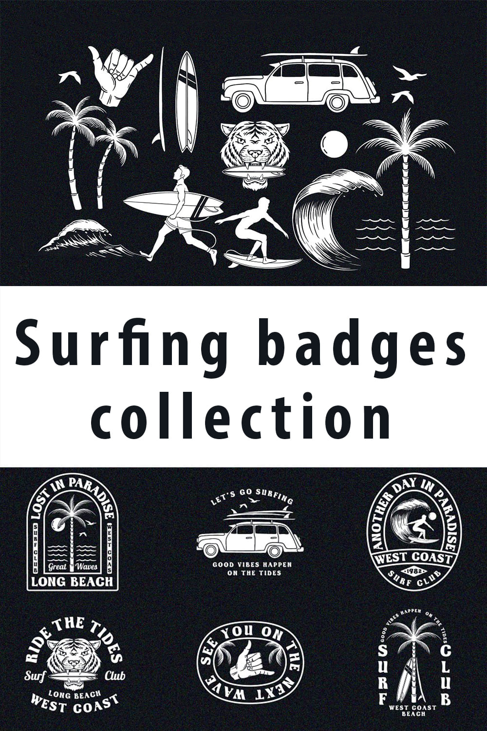 Black and white logos for surfing topic.