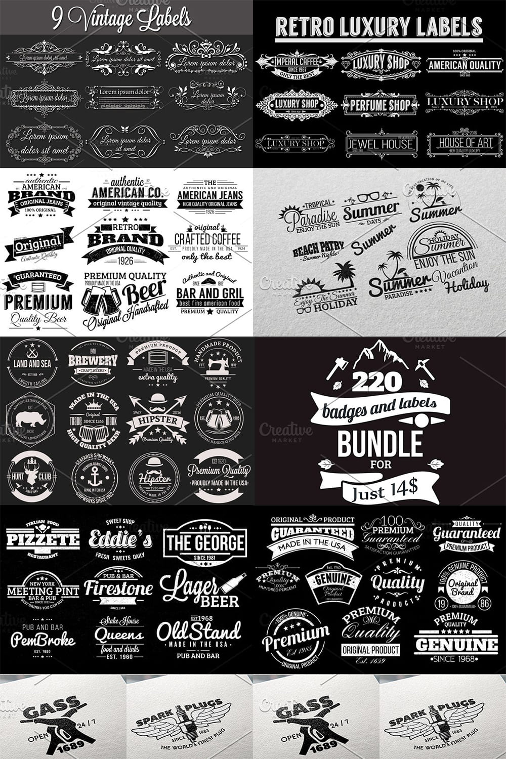 Big collection of vintage badges in black and white.